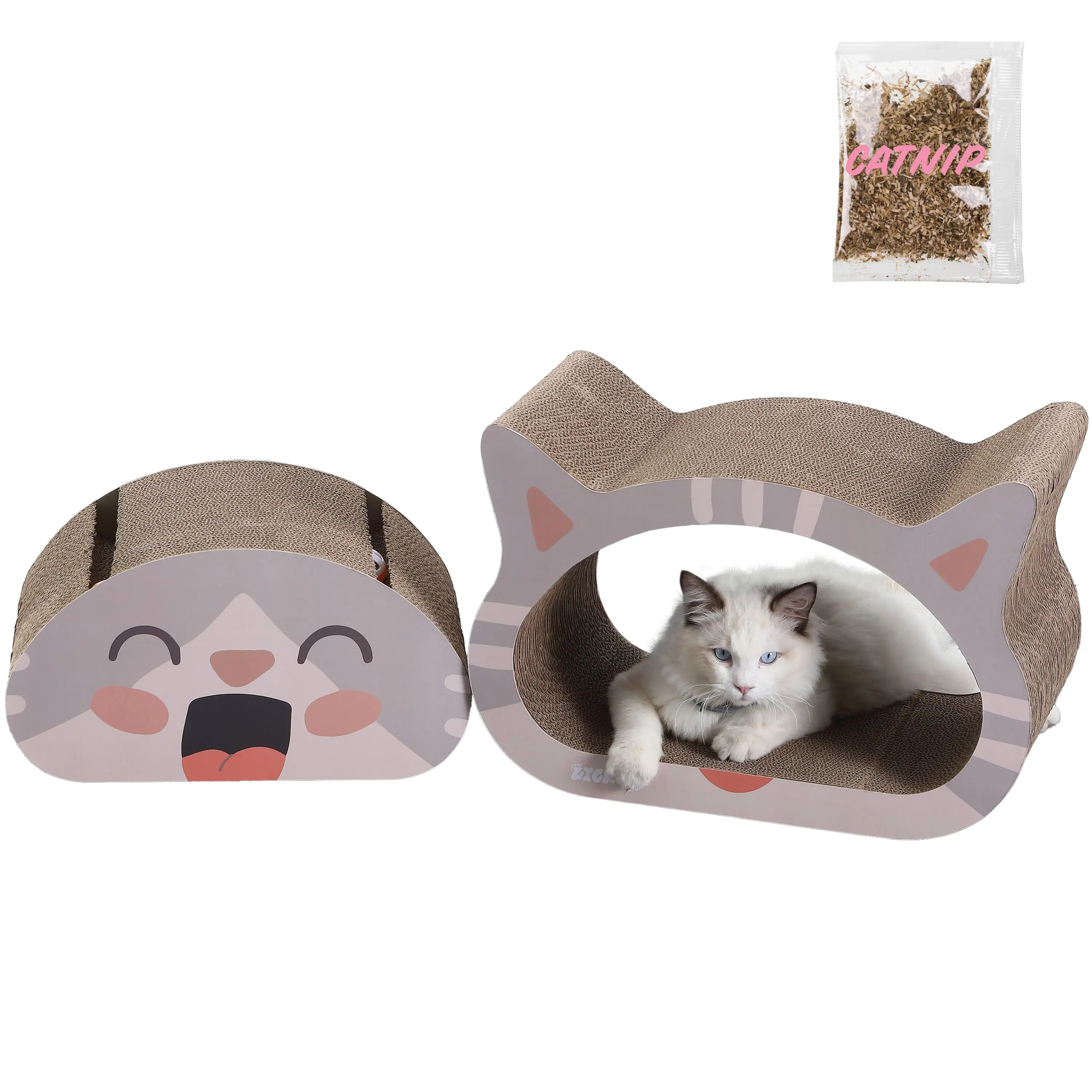 THE LICKER STORE Opal 19" Modern Cardboard Happy Cat Head 2-in-1 Cat Cave Scratcher with Built-In Bell Toys and Catnip