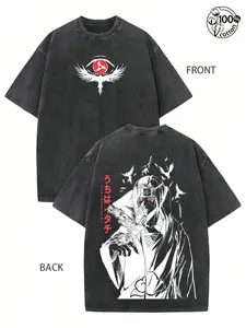 Black Washed Naruto Shippuden Uchiha Itachi Mangekyo Sharingan Crow Vintage Japanese Anime Graphic T Shirt for Men Oversized Short Sleeve Crewneck Cotton Tee Casual Streetwear Top for Shinobi Manga Fans and Daily Wear