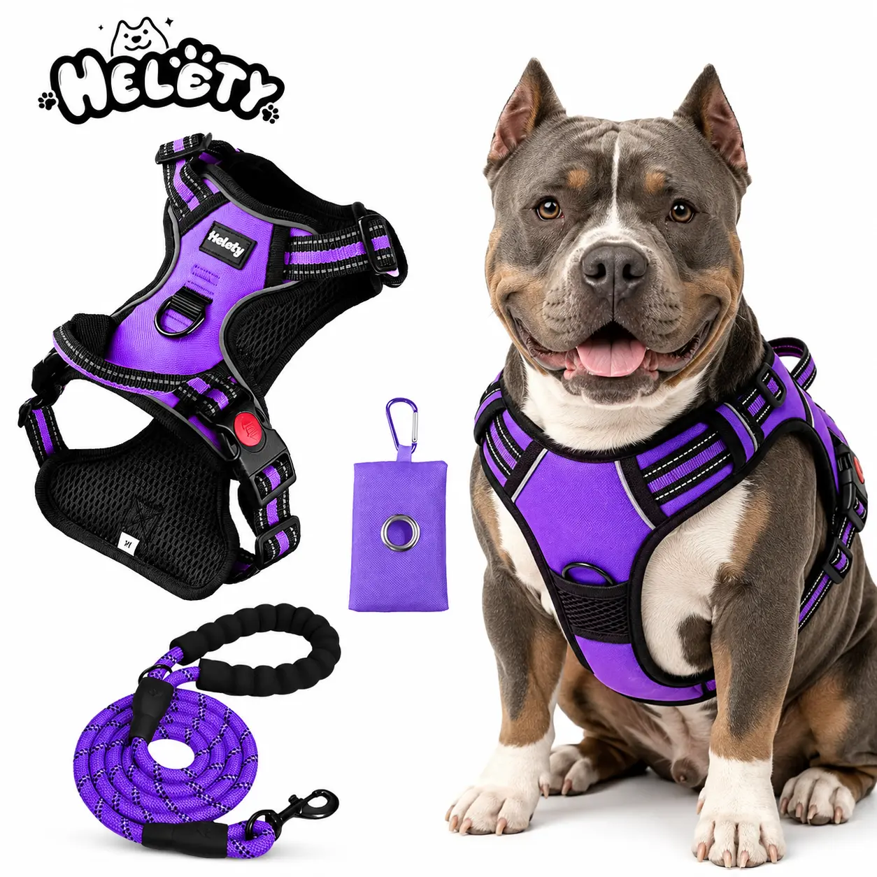 Helety No Pull No Choke Oxford Nylon Front Clip  - Purple 3-in-1 Training Vest with Front & Back D-Rings, Padded Handle, Reflective Safety Set (Leash, Poop Bag Dispenser) for Outdoor Puppy Night Walks, Heavy Duty Tactical  & Lead bungee jumping durable so