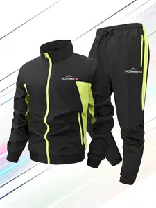 Men's Norway Mountain Print Sportswear Set, All-Season Running Warm-Up Suit, Full Zip Design, Stand Collar Jacket + Drawstring Pants