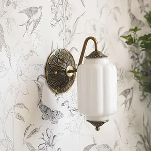 Antique Gold Milk Glass Wall Sconce - Vintage Green Shade & Brass Finish Base - Indoor Wall Lighting Fixture for Living Room, Bedroom, Bathroom, Hallway, Entryway (Gold and White)