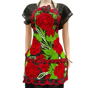 Embroidered Mexican Floral Apron FITS A SIZE SMALL - 2XL Sunflower Apron Red Rose Design with Pockets Handmade in Mexico Perfect Gift