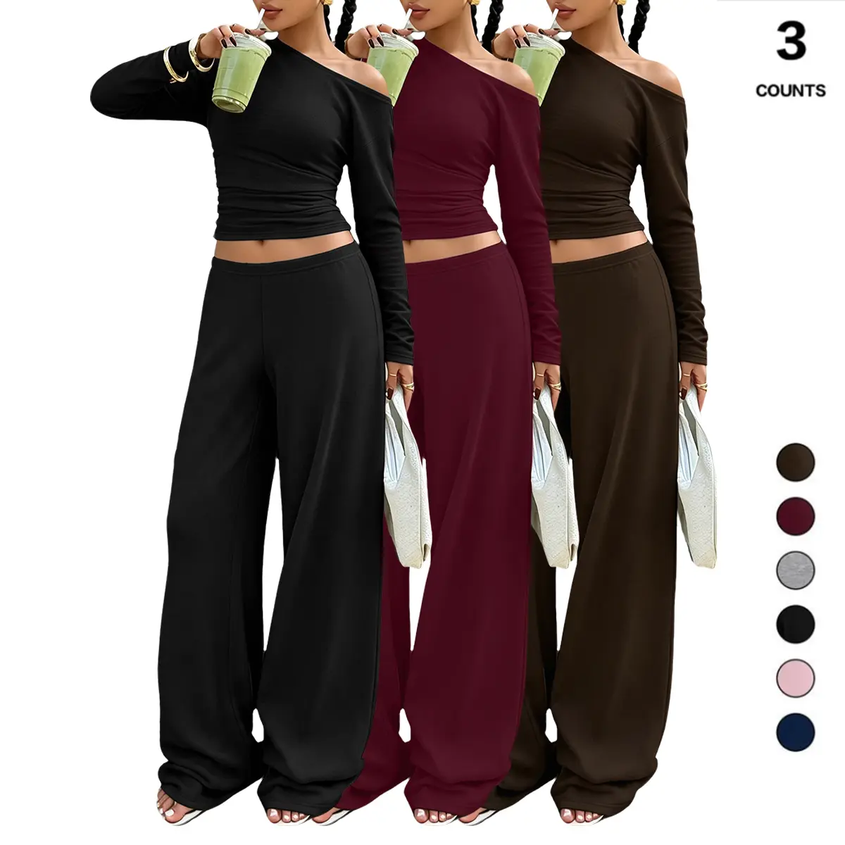 ASANDY Women's 3-Pack 2-Piece Essential Feminine Light Cropped Asymmetrical Off-Shoulder Long-Sleeve Top & Elastic-Waist Wide-Leg Pants Set, Soft Stretchy Loungewear for Day Casual, Workout Athleisure, Breathable