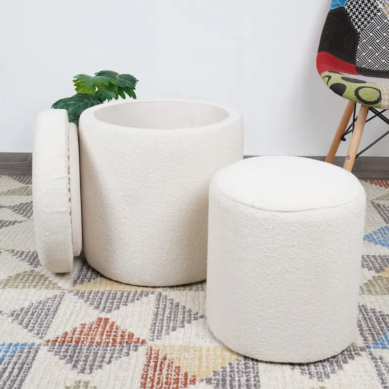 Coral Upholstered Storage Pouf Set (2 Pieces) - Stylish Storage Poufs for Home Decor with Vibrant Coral Color