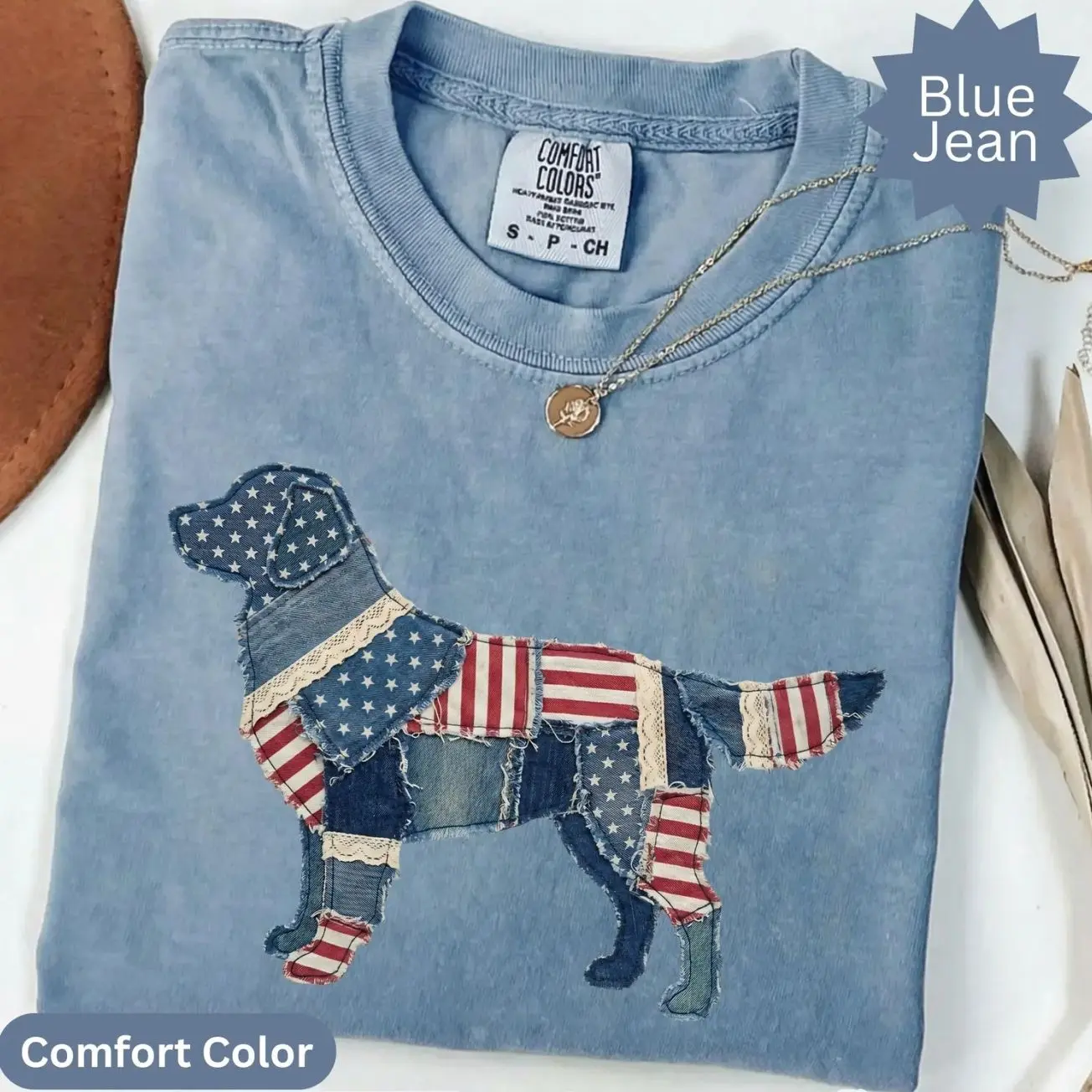 Golden retriver T-Shirts: Faux Denim Patchwork American Flag 250 Years USA Celebration TPV