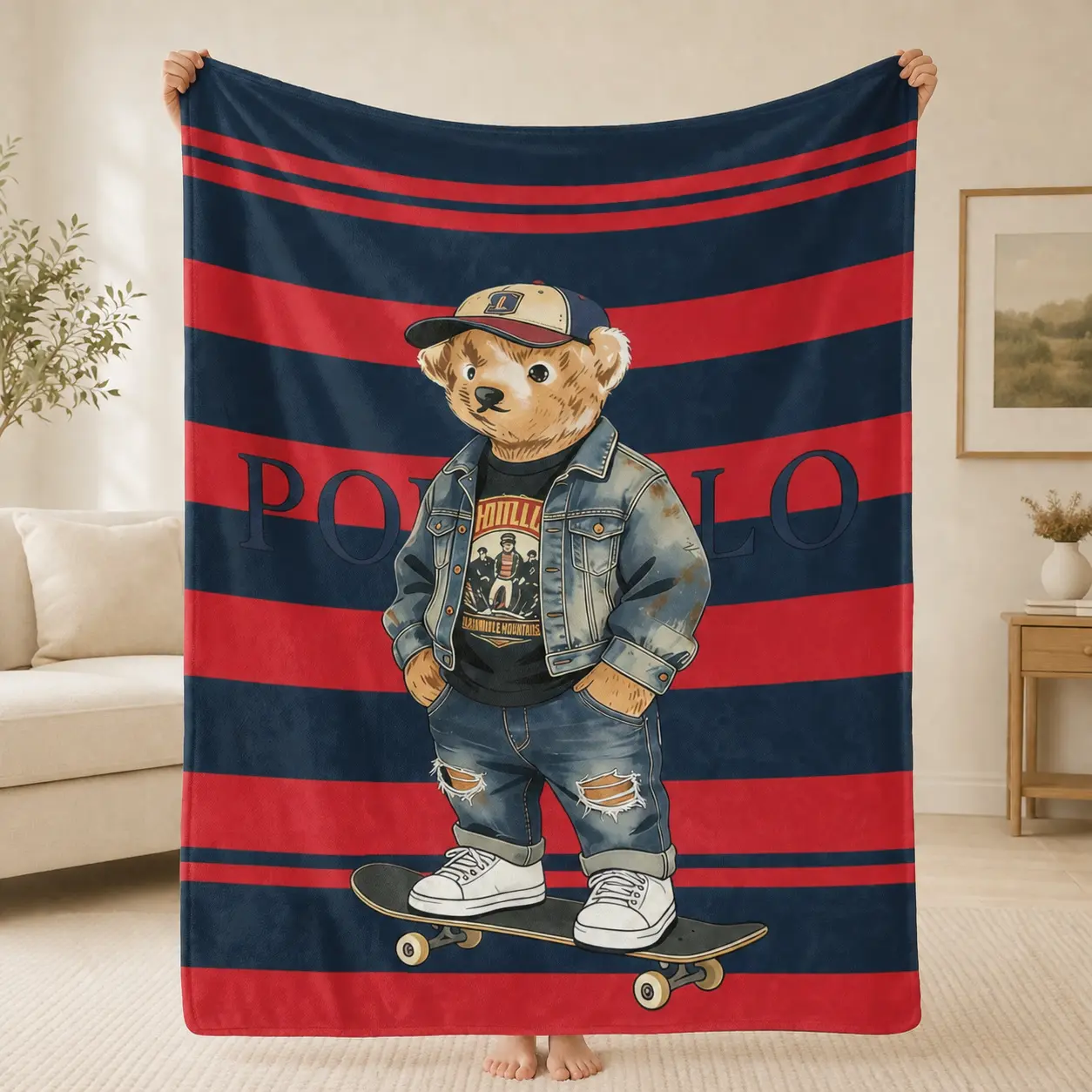 Striped Retro Skateboard Cool Teddy Bear Print Throw Blanket Soft Flannel Cozy Blanket for Teen Boys Bedroom Gift