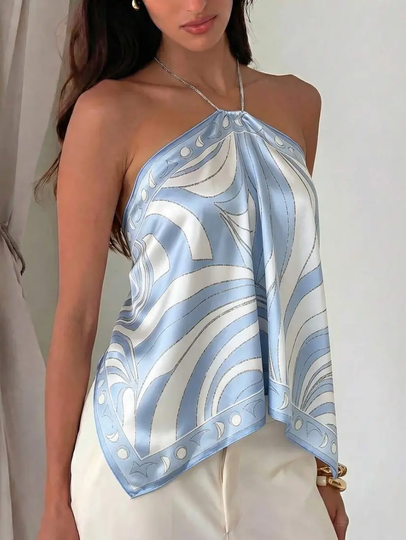 PULSE x Aloruh Women's Elegant Tie-Dye Chiffon Printed Halter Neck Beach Vacation Top,Summer Top