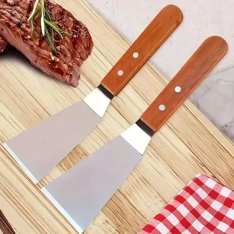 1pcs Stainless Steel Spatula with Slanted Edge and Hard Wood Handle, Large Metal Turner for Cast Iron Skillets, Ideal BBQ Kitchen Tool