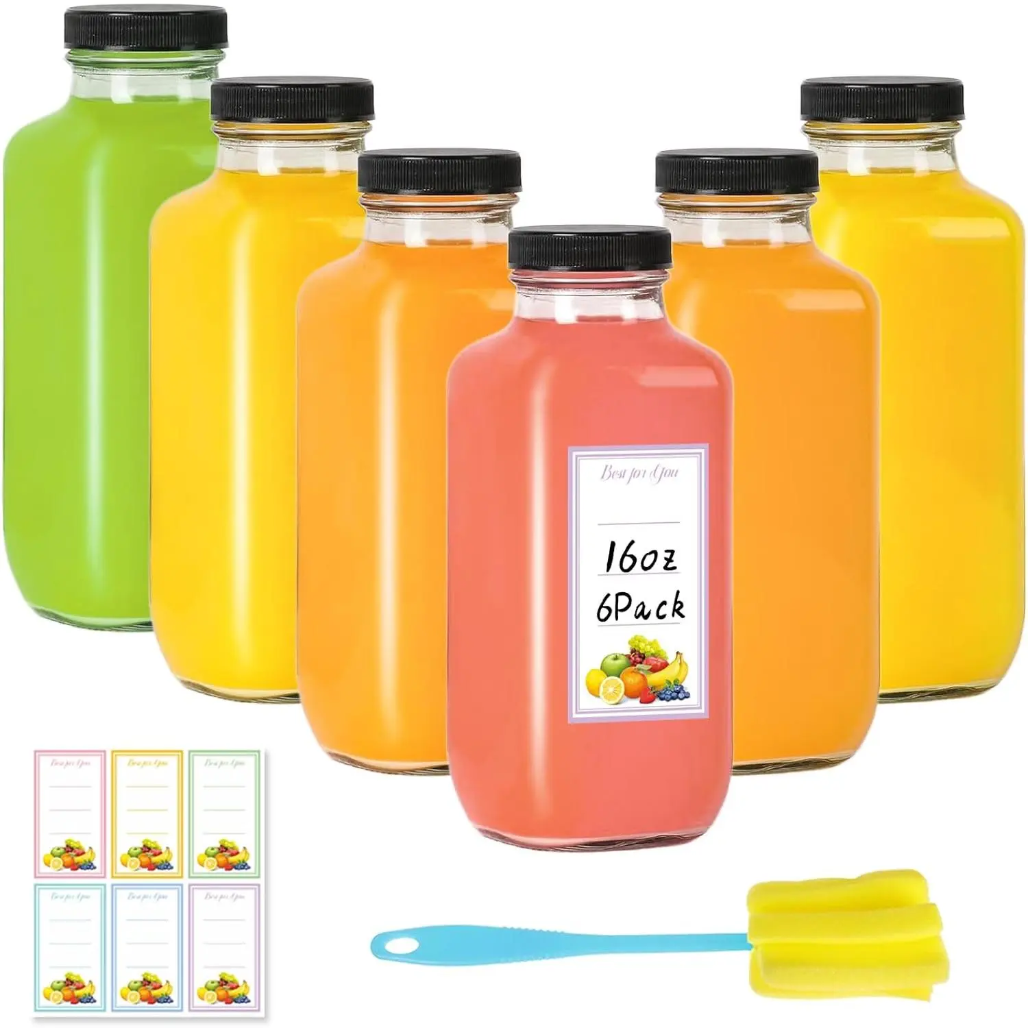 6 Pack 16oz Glass Juice Bottles with Lids, 480ml Drinking Bottles with Caps, Reusable Square Glass Jars Drink Containers Water Bottle for Juicing, Milk, Smoothies, Kombucha