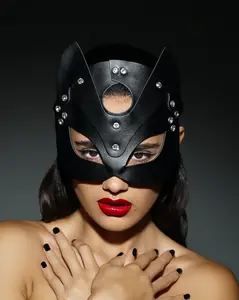 DNS WEAR CAT WOMEN Leather Mask Black: Adjustable Genuine Leather with Silver Detailing Accessories Accessory Strap