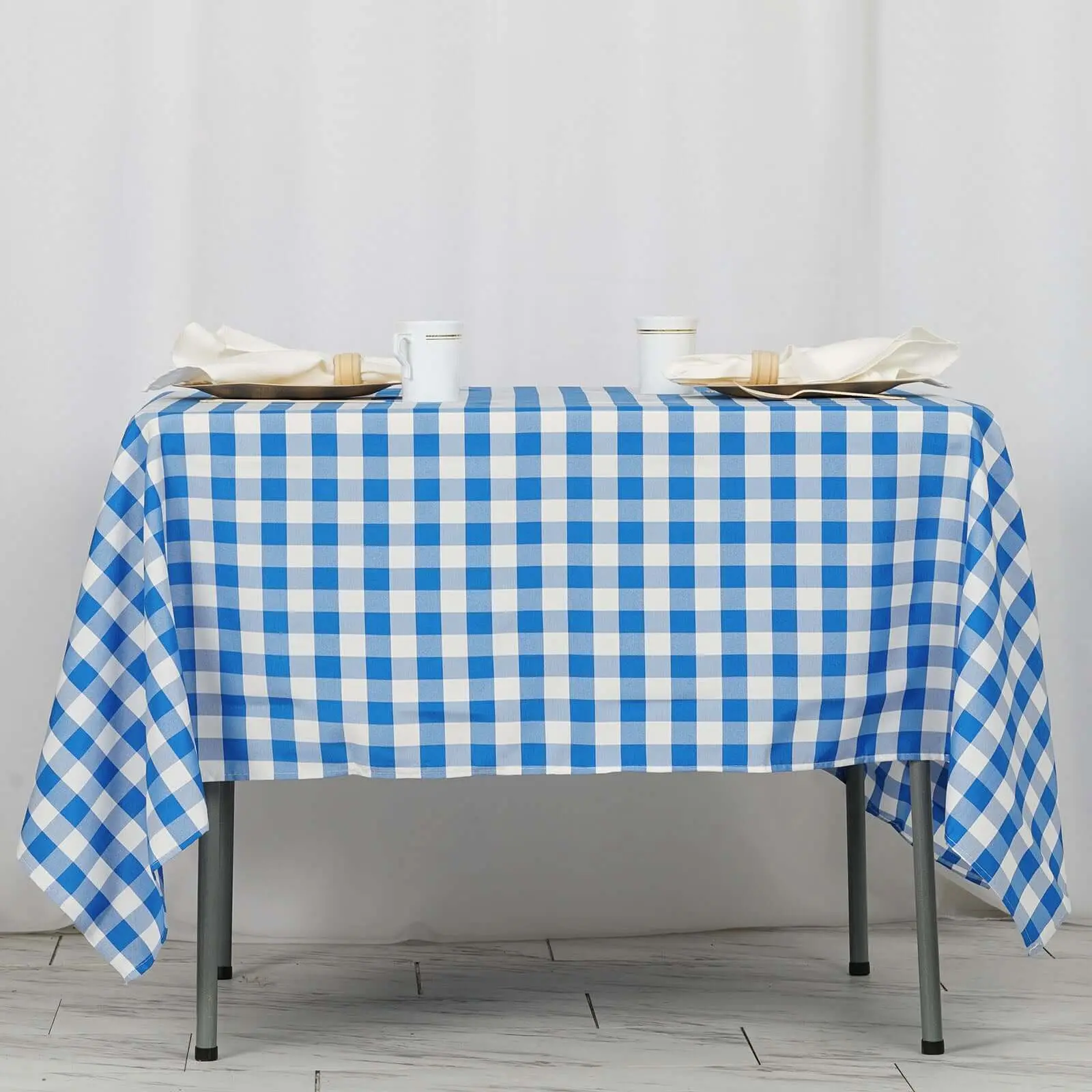 70"x70" Polyester Square Outdoor Patio Tablecloth, White-Blue Checkered Buffalo Plaid Tough Large Cover, Bleach-Safe, Can Be Reused Easily Over 100 Times for Birthday & Wedding Use