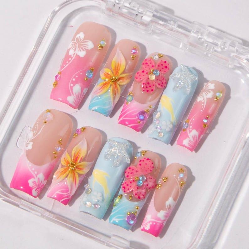 ALL NAil BOX 3D Pink Flower Press On Nails XL Long Square Metal Accent Nails with Gothic Gold Crystal Glossy Coffin Shape 3D Bows & Pearls for Romantic Nail Art