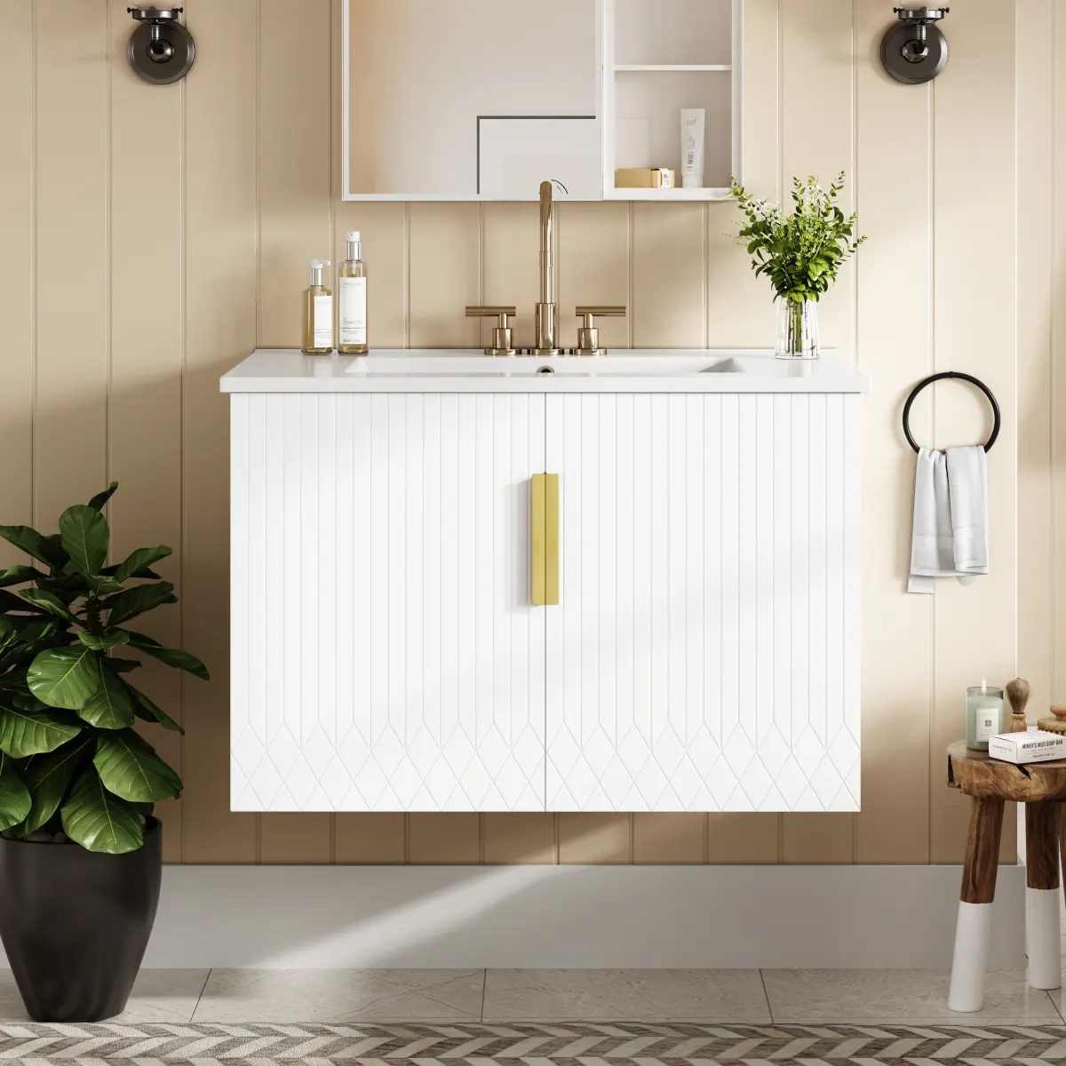 30" Vintage Wood Bathroom Vanity Cabinet with Ceramic Sink, 3-Hole Single Sink, Overflow Hole, 2 Soft-Closing Doors, Adjustable 71.65 lbs Minimalist Modern Floor Cabinet for Bathroom Storage, Assembly Required, Durable
