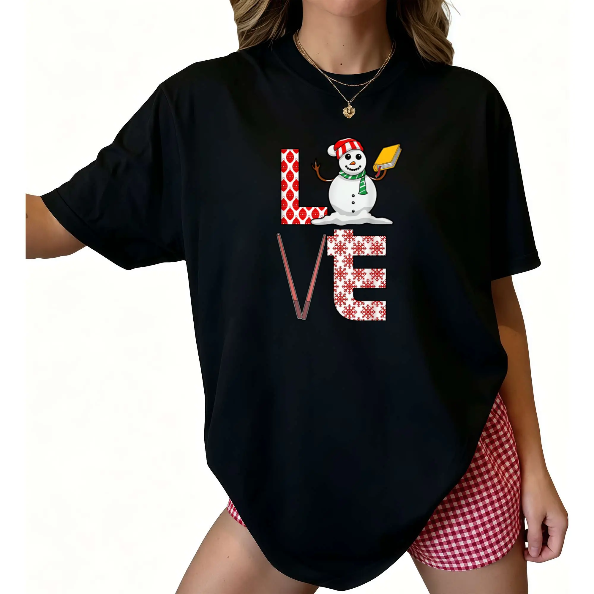 Wo Christmas T-Shirt with LOVE Letter Print and Snowman/Elf/Holly/Candy Cane Design | Short Sleeve Round Neck Casual Holiday Top, All-Season Wear, Machine Washable Winter Party