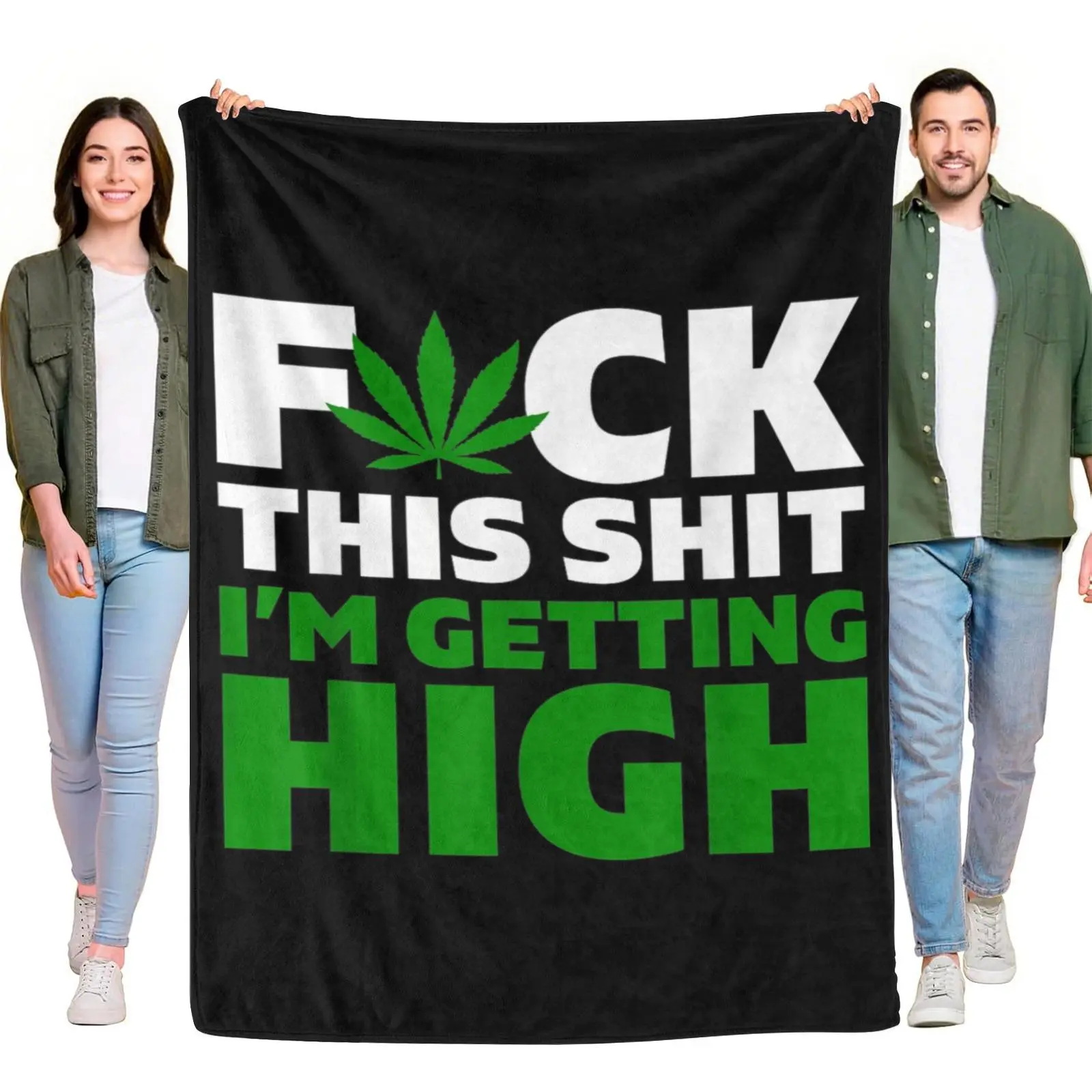 Retro Green Leaf Graphic Casual Relax Lifestyle Bold Slogan Black Background Fleece Throw Blanket, Chill Vibe Lightweight Blanket for Sofa Bedroom Home Decor