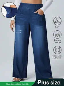 Plus Size Women's High Waist Rise Slimming Straight Leg Stretchy Jeans Pants, Comfortable Stretch Denim for Casual Wear, Stylish Ladies' Clothing