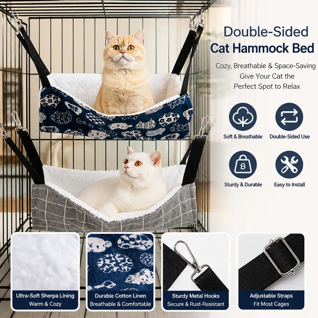 2 Pcs Double-Sided Linen-Fleece Cat Hammocks, Soft Breathable All-Season Pet Hanging Beds with Sturdy Metal Hooks, Reversible Cushion, Machine Washable Cover, 10kg Max Load, Travel-Friendly for Crate, Small Animal Enclosure, Double-Sided Use, Up To 10.0 K