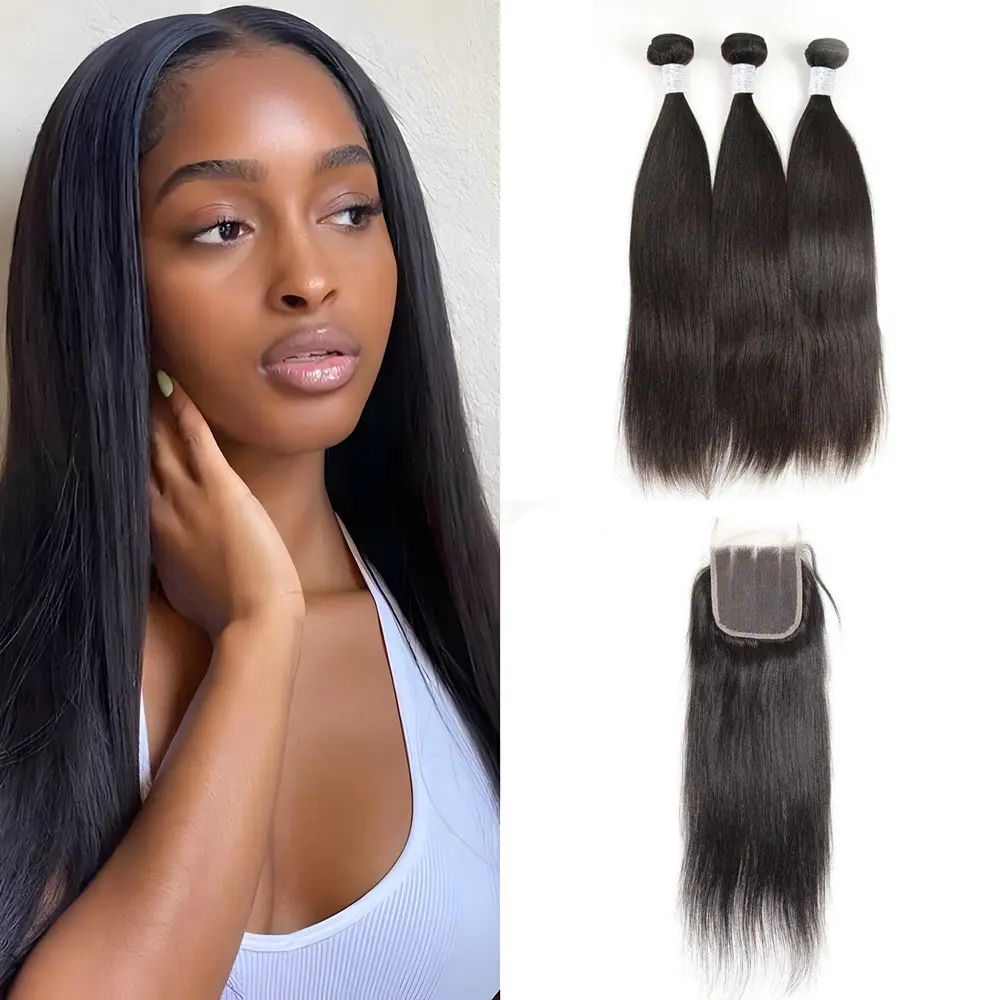 3PCS 9A Bundles With 4x4 HD Lace Closure 100% Virgin Human Hair Natural Color 4 texture Shipping