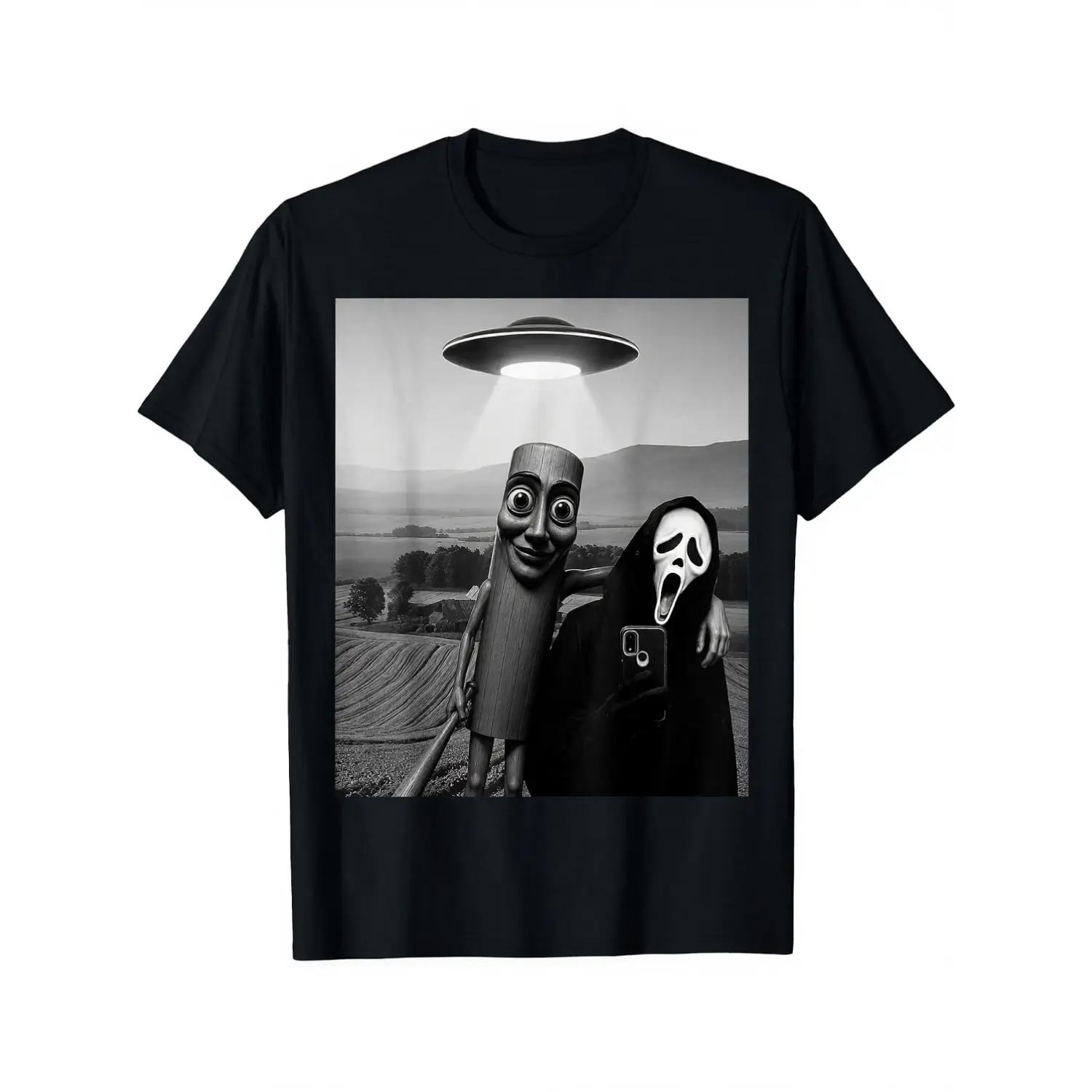 Cotton Tung Sahur Cute Scary Face Horror Ghost Selfie with UFO Meme T-Shirt