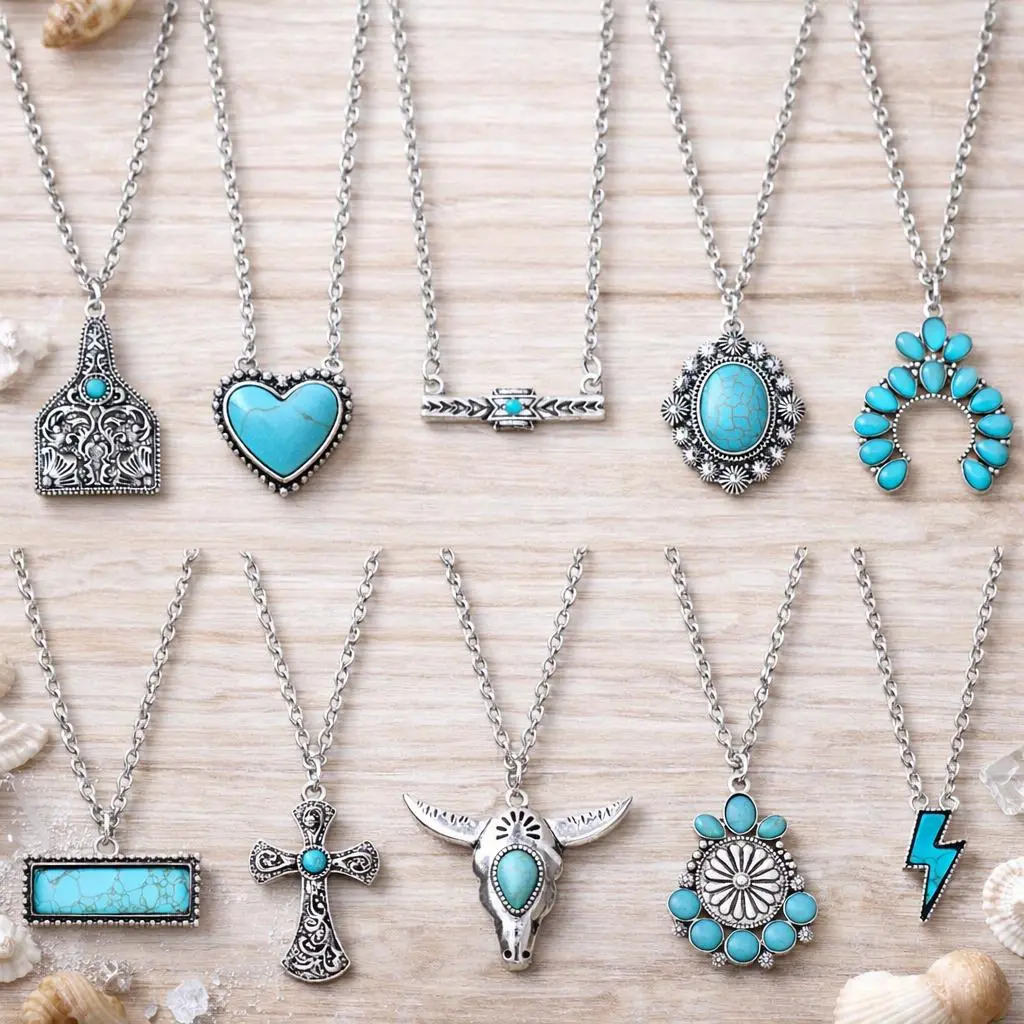 10pcs Western Turquoise-Look Pendant Necklace Set, Boho Cowgirl Silver-Tone Layering Necklaces, Heart Cross Bull Skull Lightning Jewelry Gift for Women