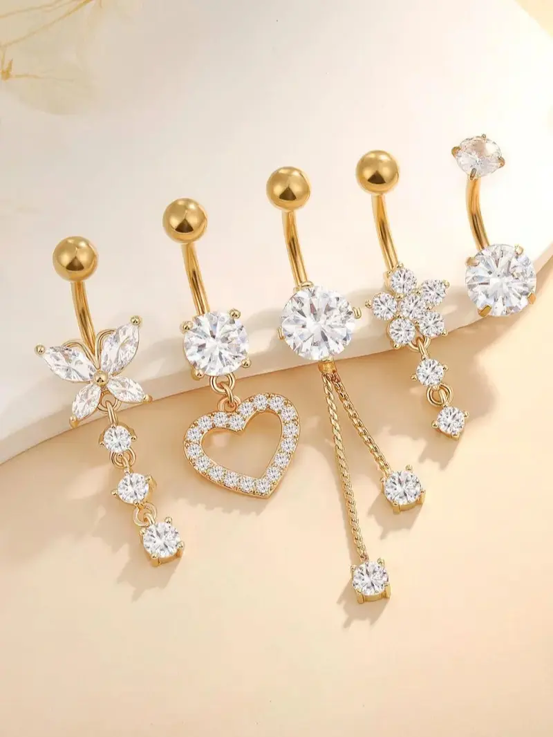 Rhinestone Decor Belly Button Ring Navel Ring, Cute Butterfly Flower & Love Heart Charm Belly Ring, Chic Body Piercing Jewelry for Women & Girls Valentine's Day Gift