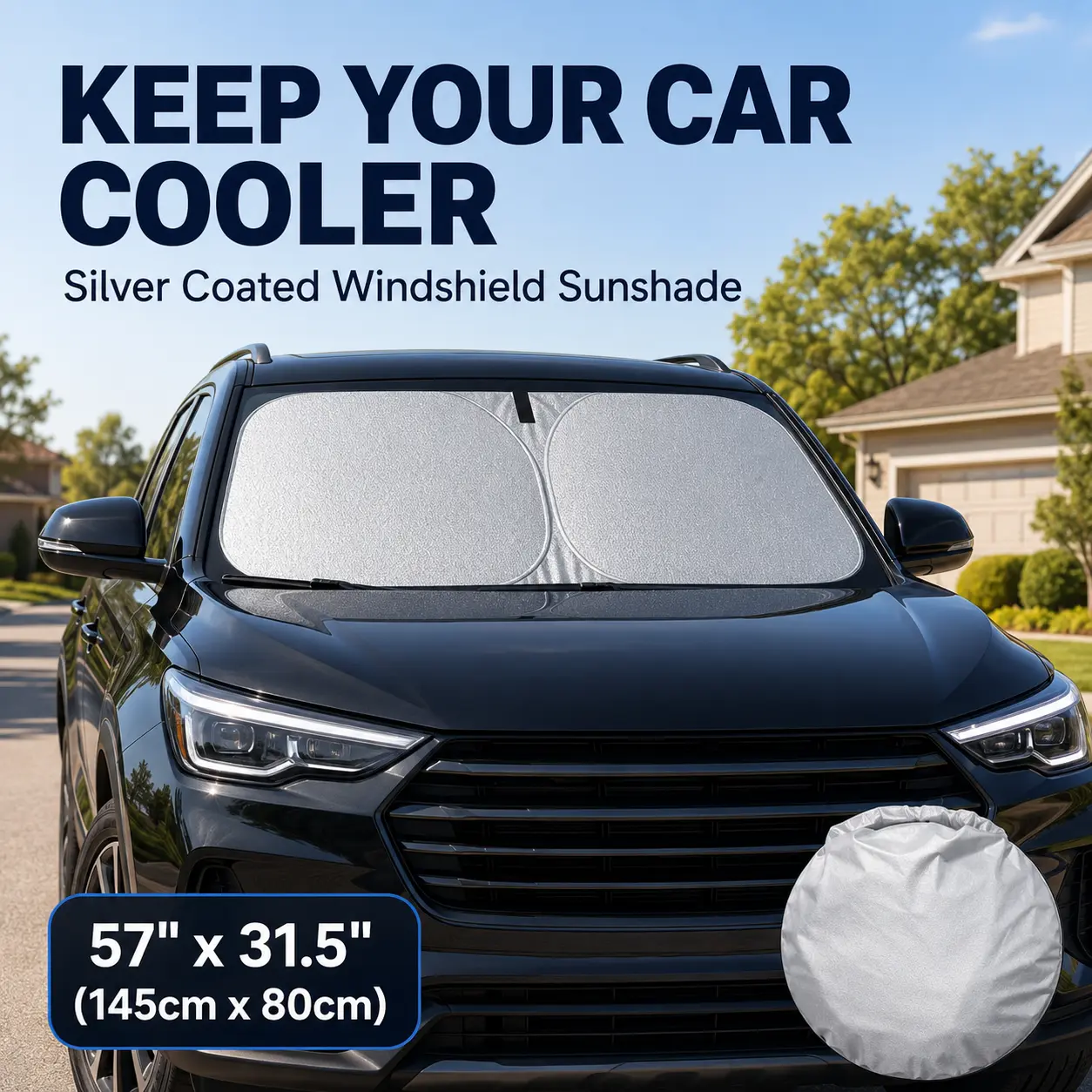Foldable Car Windshield Sun Shade with Drawstring Storage Bag, 145×80 cm Silver-Coated Reflective Front Window Cover, Auto Visor for SUV/Sedan, Summer Car Interior Dust Protector Drawstring