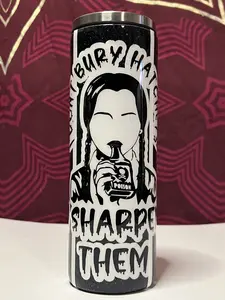 Wednesday Addams Striped Glitter Tumbler with Stainless Steel Straw - Handmade Drinkware