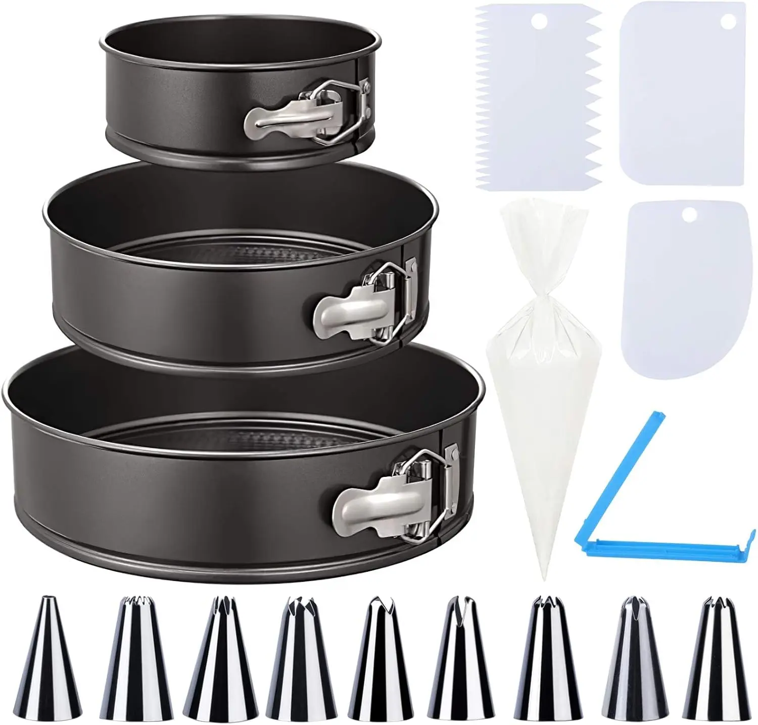 Keepow Baking Molds Set With Kuchenform Rund, Springform 3 Set (12.5cm/4.92in), (18 cm/7.08in), (22.3cm/8.8in) Backformen Mit Abnehmbarer Flachboden + 1 set of decorating nozzles (14 pieces)