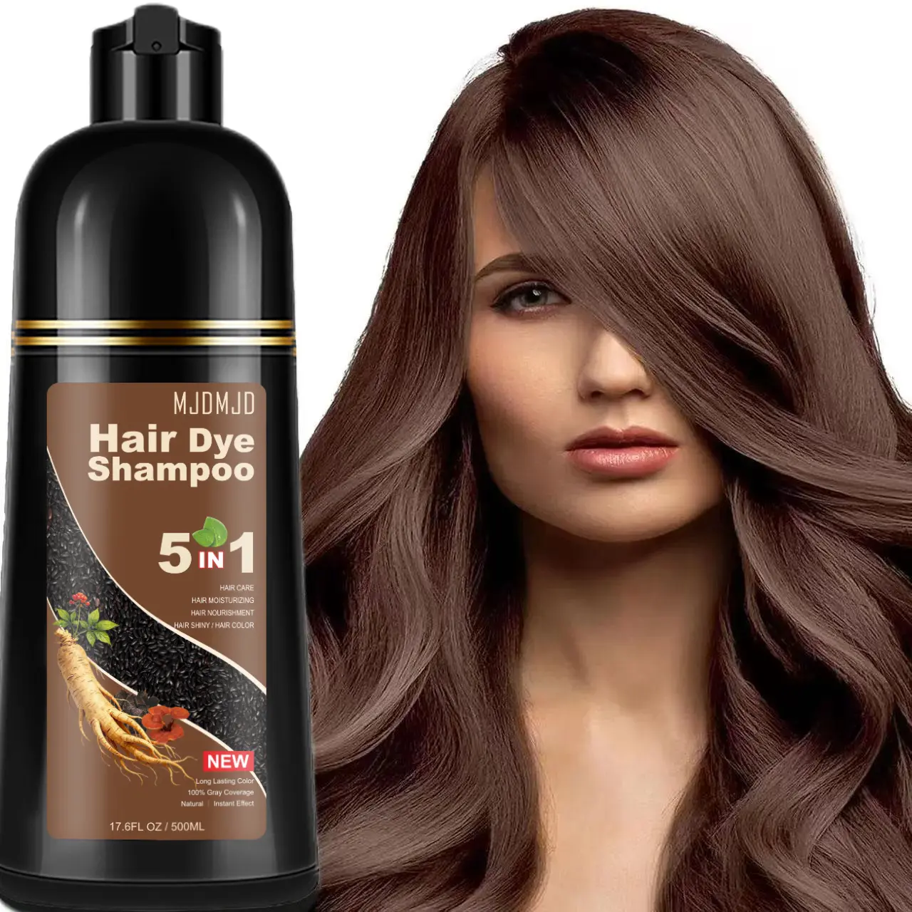 Chocolate Brown Hair Dye Shampoo for 100% Grey Hair Coverage, 5-in-1 Conditioning Formula with Natural Ginseng, Ammonia-Free Haircare for Men & Women, 16.9 Fl Oz