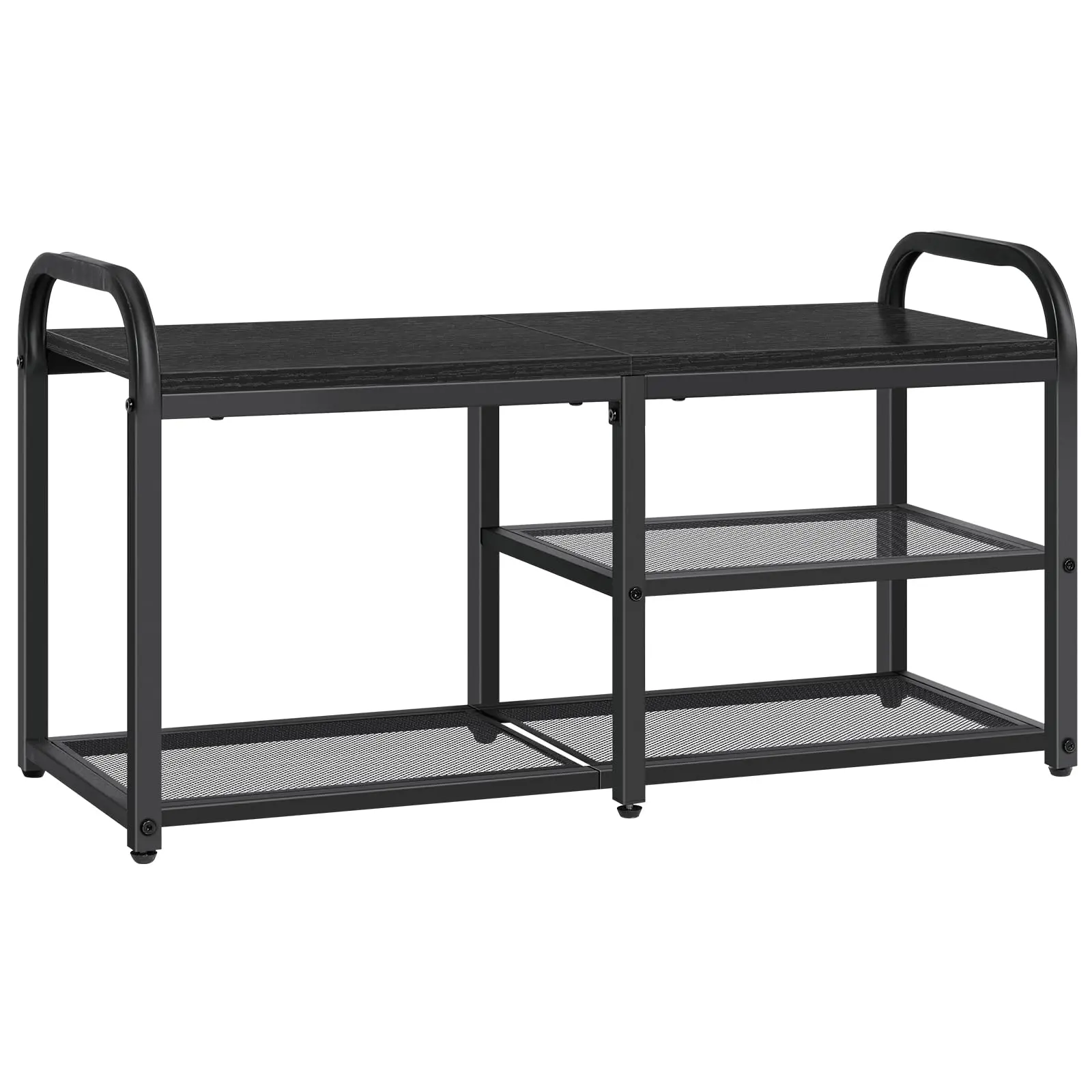 Metal Shoe Rack Bench - Freestanding 3-Layer Rectangle 31.6"w x 17.5"d x 11.8"h Mesh Rack, 1-Piece Modern Black 6-8 Pairs Storage Bench for Entryway, Living Rooms, Closet, Most Decor