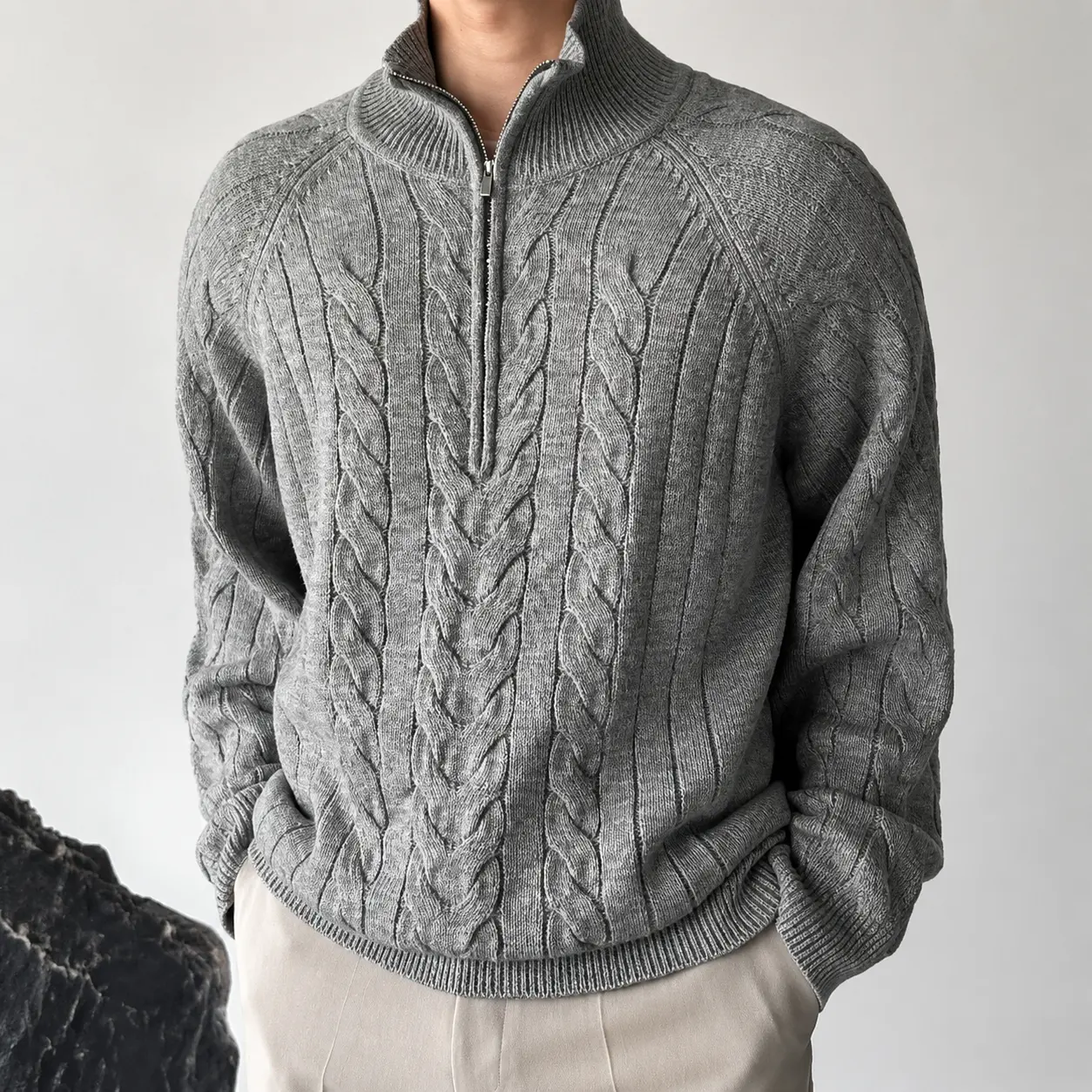 Men's Cable Knit Sweater, Oversized Chunky Half-Zip Jumper with Mock Neck, Minimalist Old Money Aesthetic for Fall Winter Streetwear, Satisfaction, Support, Assurance, Customer Satisfaction, Damaged Item Replacement, Chic, Polyester, Casual, Top, Long Sle