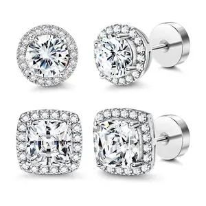 FASACCO Flat Back Earrings Round Square Studs for Men Women Earring Stacks Large Cubic Zirconia Studs Durable Flatback Accessories Men Elegant Jewelry BlackFriday
