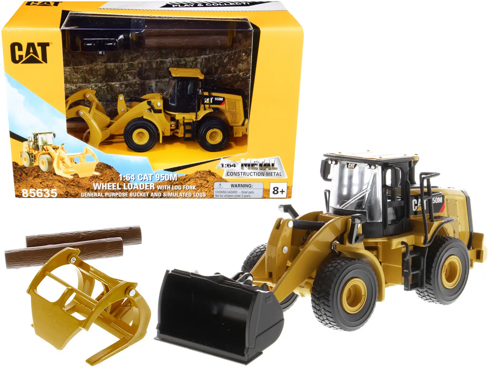 CAT Caterpillar 950M Wheel Loader W/ Bucket & Log Fork W/ Two Log Poles "Play & Collect!" 1/64 Diecast Model by Diecast Masters