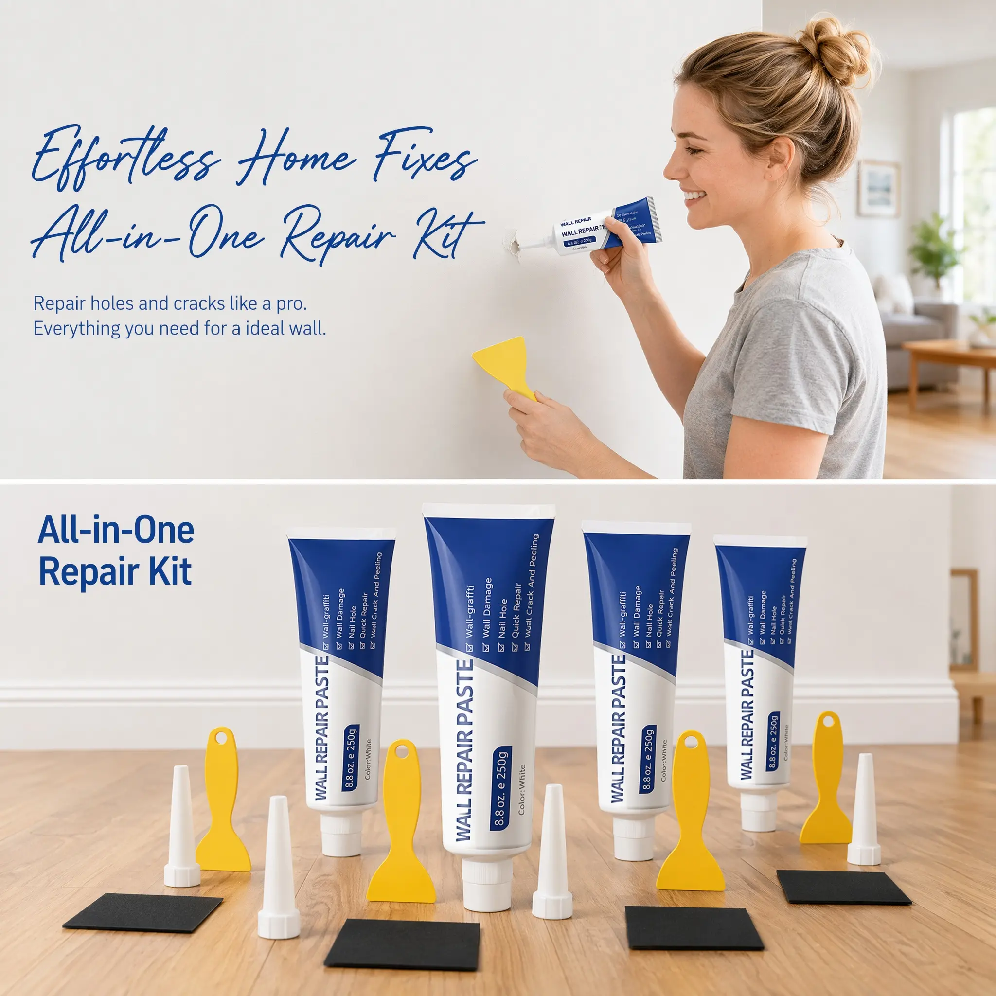 Drywall Repair Kit,  White Kneadable Paste Spackle with Scraper - Kneadable Paste Spreads Smoothly, Simple Squeeze, Scrape, and Finish for Cracks, Damage, Strong Fill Resists Daily Wall Wear