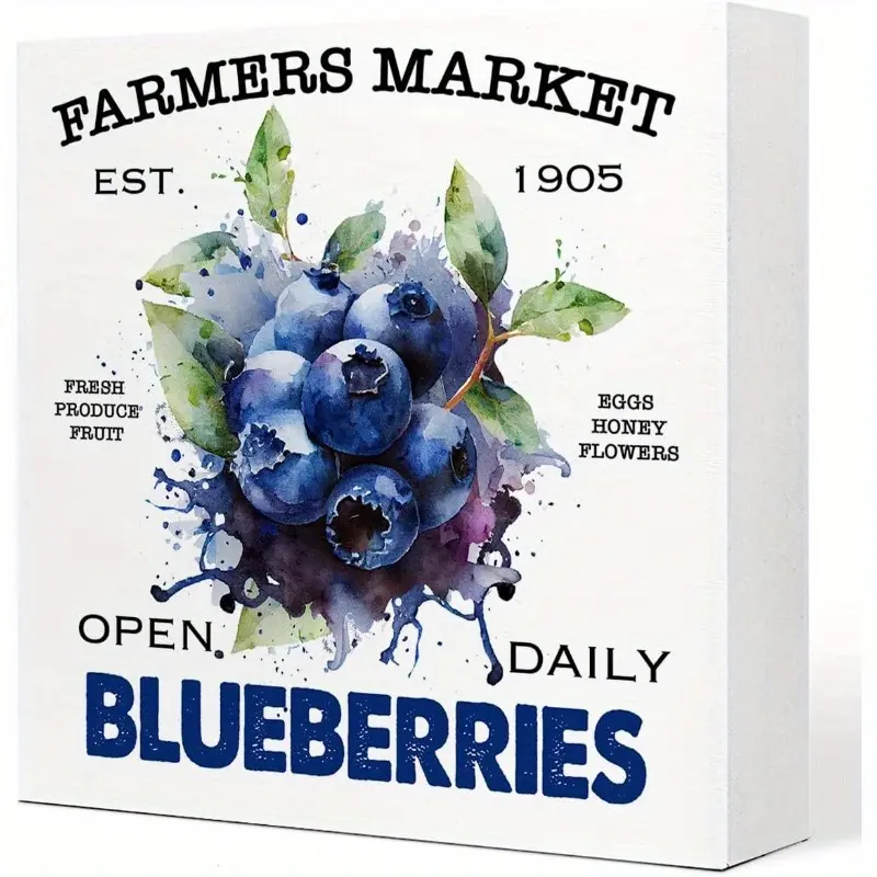 Farmers Market Blueberries Wooden Plaque Sign Desk Decor, Rustic Blueberry Wood Block Sign Desk Decorations for Summer Home Kitchen Farm Garden Shelf Table Decor 5x5 inch