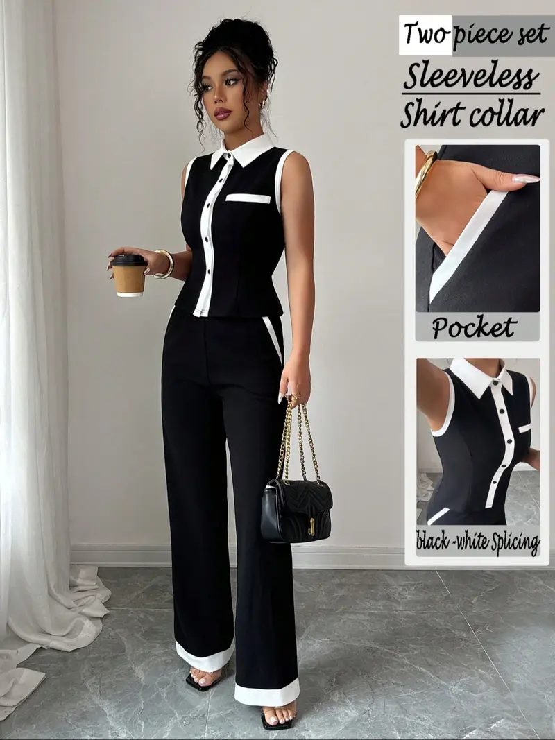 Women's Sleeveless Shirt Collar Set, Wide Leg Pants, Elegant Woven Fabric, Moderate Thickness, All Seasons, Fitted Style