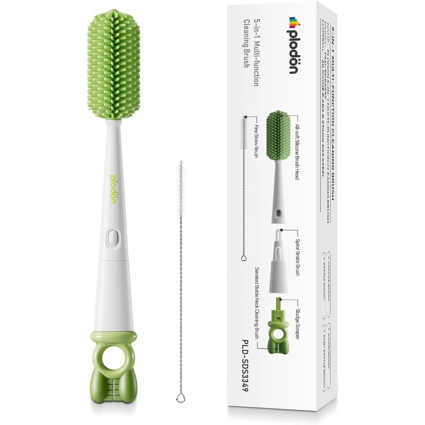 Plodon Bottle Cleaning  Brush, Baby Bottle Brush Cleaner, Water Bottle Cleaning Kit,Detail Brush & Straw Brush, Portable Long Handle Bottles Scrubber Cleaning Tool, Silicone Material,BPA-Free,5 Packs Set for Newborns,Green cap travel magic