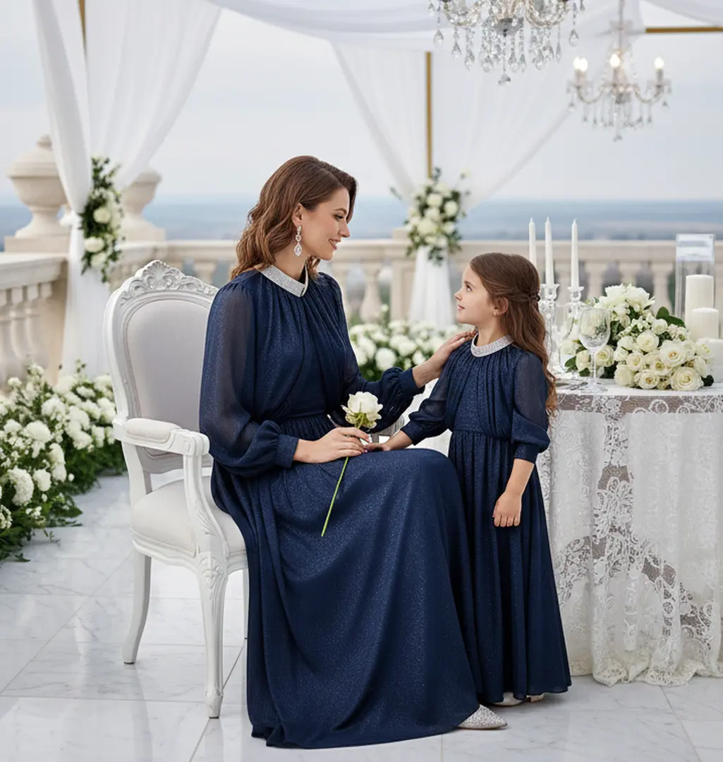 Navy Blue Shimmer Maxi Dress for Women & Girls– Wedding, Party, Holiday, Eid, Engagement & Maternity Gown with Matching Mommy & Me Option