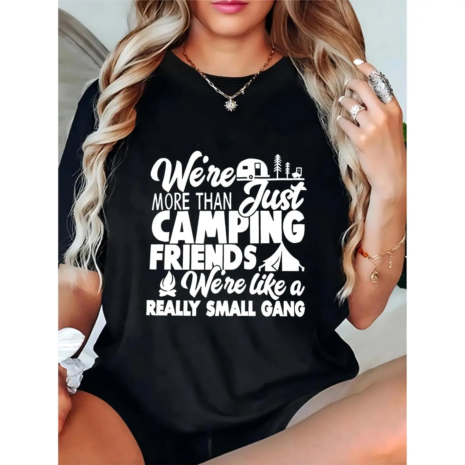 Women's Basic Short-Sleeve Essential Cotton Comfortable Graphic T-Shirt - "We’re More Than Just Camping Friends", Camper Tent Campfire Print, Casual Outdoor Top for Lovers, Black