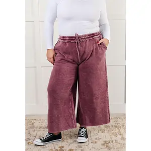 Zenana Women's Wide Leg Cropped Palazzo Sweatpants Eggplant 4340, Mineral Wash Fleece, Elastic waist with drawstring, Raw Hem, Pockets, Comfy