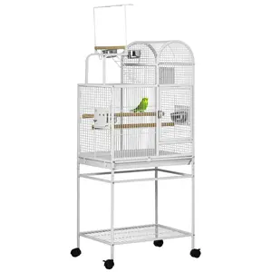 55" Large Parrot Cage with Toy Hooks Above Top Bird Perch, Tray, Food Cups, Rolling Stand, Bird Cage for Cockatiels, Parakeets, Lovebirds