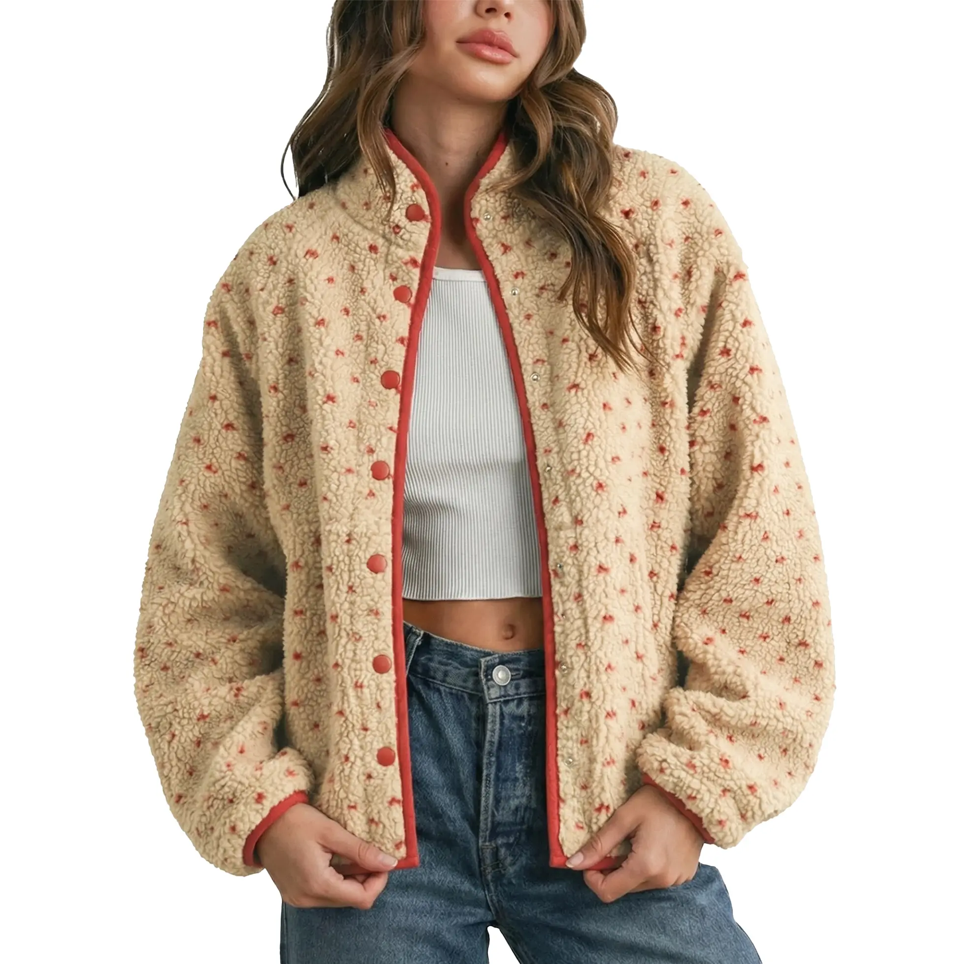 Talakeno Women's Quilted Polka Dot Slouchy Fleece High-Neck Button-Down Long-Sleeve Sherpa Puffer Overcoat with Pockets - Universal Holiday Comfortable Casual Loose Outerwear, Outwear