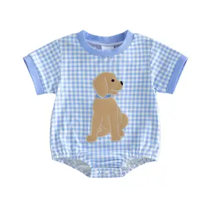 Baby Boy Summer Romper Puppy Embroidery Blue Plaid Crew Neck Short Sleeve Bodysuit Infant Toddler Casual Clothes Outfit