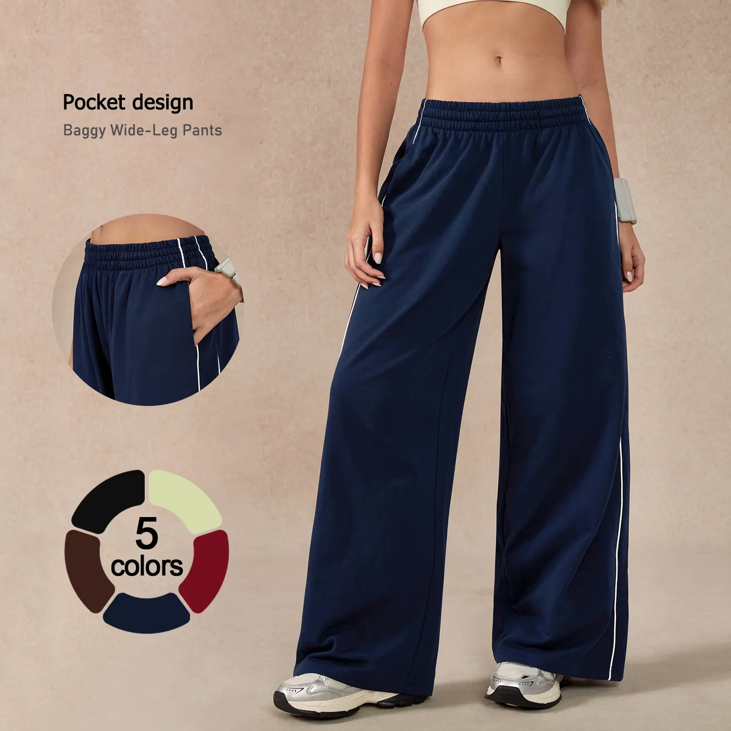 TIMEOFF Women's Loose Wide-Leg Track Pants with Side Trim, Casual Gym Bottoms with an Adjustable Elastic Waist and Pockets for Lounging, Women's Clothes, Oversized, Style, Baggy Pants, Relaxed Fit Flatters With Ease, Comfortable Stretch Pants