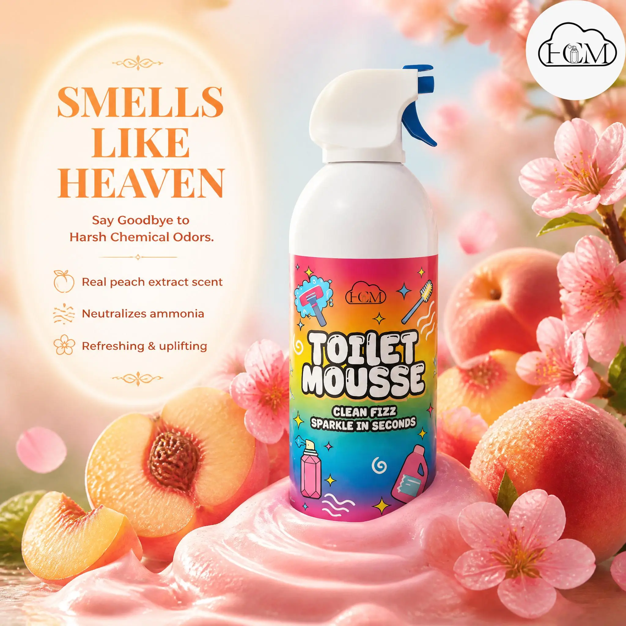 HCM Toilet Cleaning Mousse, Dense Rich Foam, Rapid Dirt-Dissolving, Fresh Peach Scent, Long-Lasting Fragrance, 1-Flush Rinse, Suitable for Bathroom Fixtures, Floor Drains