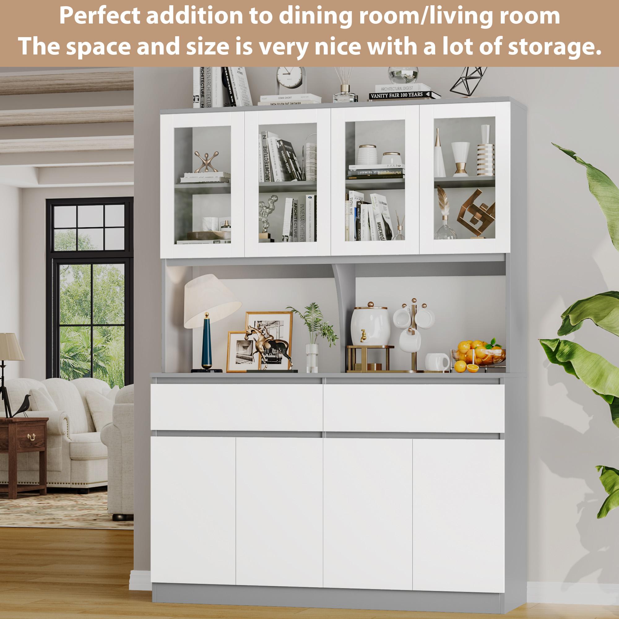 FOTOSOK  74.8" Tall Pantry Cabinet, 55.1" Wide Kitchen Pantry Cabinet  with 2 Drawers, Kitchen Hutch with Microwave Stand, Tall Storage Cabinet for Living Room, White