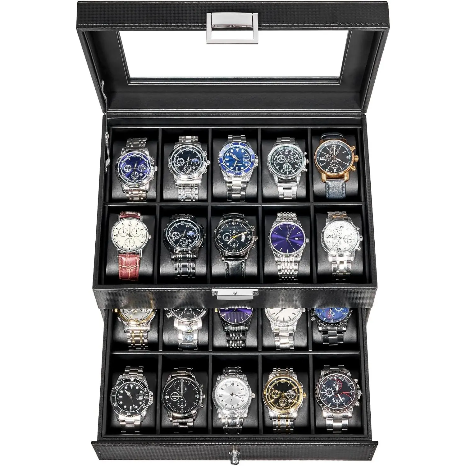 Watch Case, 20-Slot Watch Box Organizer for Men Watch Case with Large Glass Lid Watch Travel Case Removable Watch Pillows, Mens  Box Watch Display Case, Watch Storage, Black SSH04C