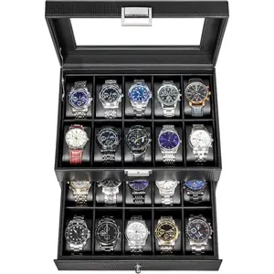 Watch Case, 20-Slot Watch Box Organizer for Men Watch Case with Large Glass Lid Watch Travel Case Removable Watch Pillows, Mens  Box Watch Display Case, Watch Storage, Black SSH04C