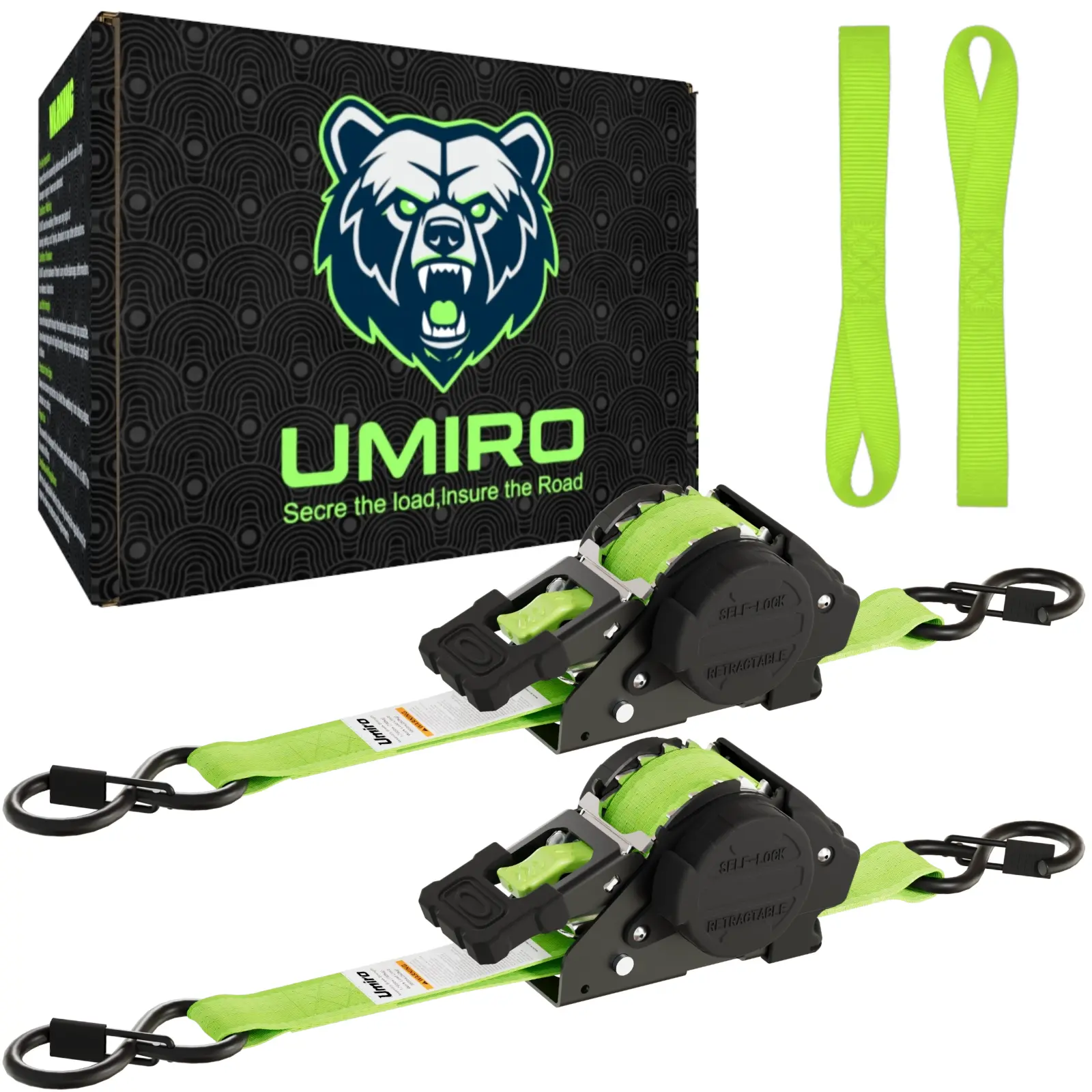 Retractable Ratchet Straps 1 Inch x 12 Feet Heavy Duty Tie Downs Auto Retract Strap 1760lb Break Strength,Self Retracting for Truck,Cargo,Trailer,Motorcycle,ATV,UTV (Fluorescent Green,2 Pack)