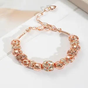 Rose Gold Charm Bracelet for Women, Sparkling Crystal Beaded Adjustable Bracelet, Elegant Rose Gold Plated Chain Bracelet, Luxury Charm Bangle for Daily Wear & Special Occasions, Fashion Jewelry Gift for Her, Dainty & Versatile Design